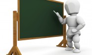 Clipart Illustration of a White Character Standing In Front Of A Chalkboard And Teaching A Class