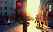 Traffic lights at night outdoors at sunset