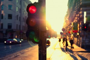 Traffic lights at night outdoors at sunset