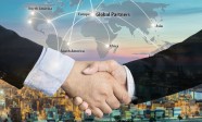 Double Exposure of a businessman handshake  with Map global partner connection of Container Cargo freight ship for Logistic Import Export background (Elements of this image furnished by NASA)