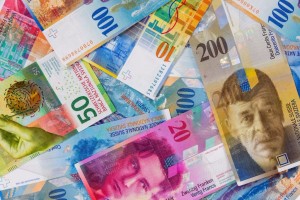 Swiss franc banknotes as background